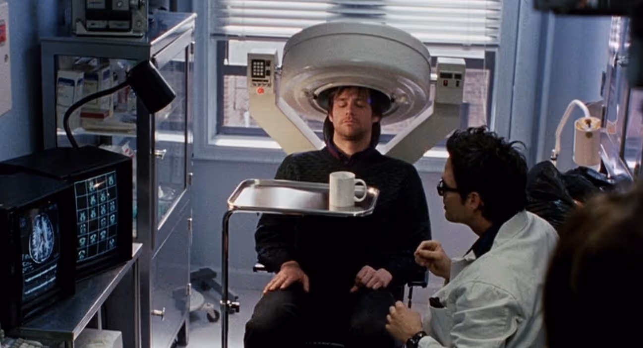 A still from Eternal Sunshine of the Spotless Mind representing the desire to forget work-related stress.